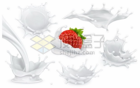 六款牛奶飞溅效果和草莓落入牛奶液体效果823074图片免抠矢量素材