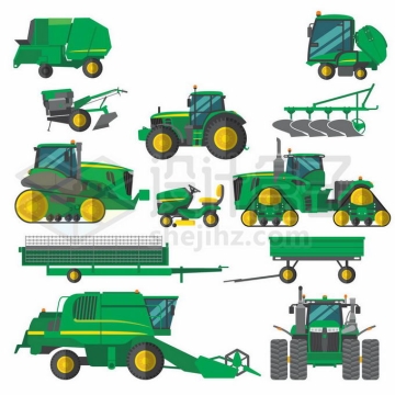 各种绿色的履带式拖拉机头联合收割机播种机等农业机械4552416矢量图片免抠素材