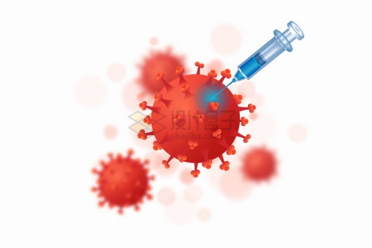 一次性注射器插在红色的3D立体新型冠状病毒png图片免抠矢量素材