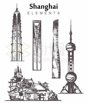 黑色线条东方明珠塔中心大厦环球金融中心等上海地标建筑手绘插画1322083矢量图片免抠素材免费下载