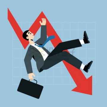 下降的红色箭头和跌落的卡通商务人士象征了经济危机金融危机png图片免抠矢量素材