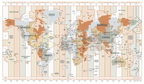 金色风格带时区划分的世界地图5985949矢量图片免抠素材下载