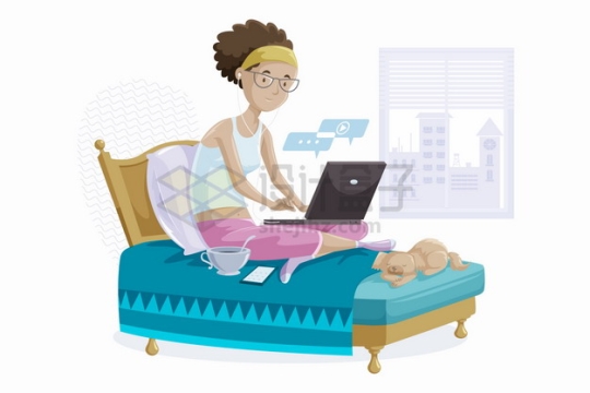 卡通女孩坐在床上玩电脑png图片素材