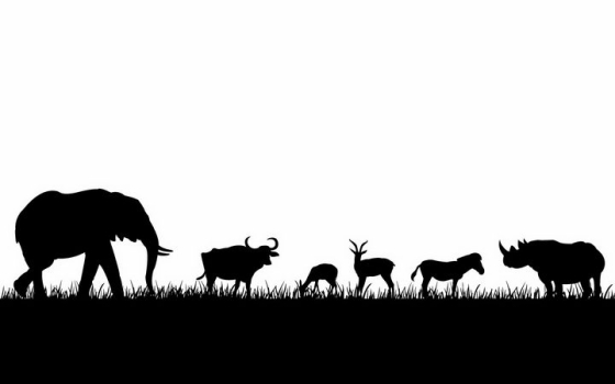 非洲大草原草地上吃草的大象水牛羚羊斑马和犀牛等非洲野生动物剪影png图片免抠矢量素材