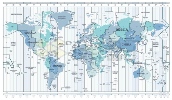 蓝色风格带时区划分的世界地图8338166矢量图片免抠素材下载