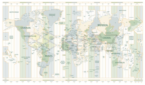 淡绿色风格带时区划分的世界地图4072633矢量图片免抠素材下载