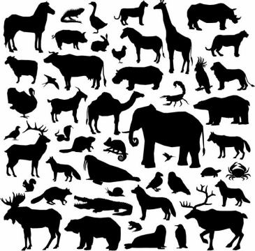 斑马蜥蜴长颈鹿骆驼大象海豹北极熊麋鹿鳄鱼等各种野生动物剪影png图片免抠矢量素材