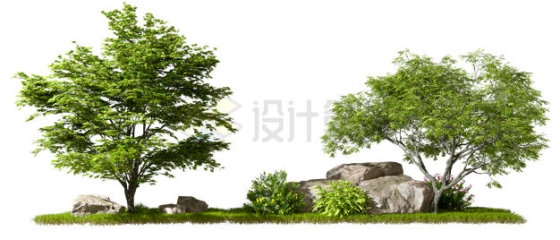 公园草地上的石头和大树绿树3D渲染图3873067PSD免抠图片素材