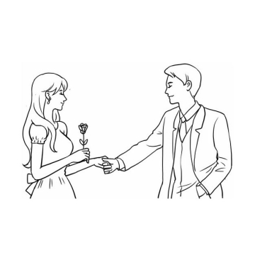 手牵手送玫瑰花的情侣情人节手绘线条素描插画621266免抠图片素材