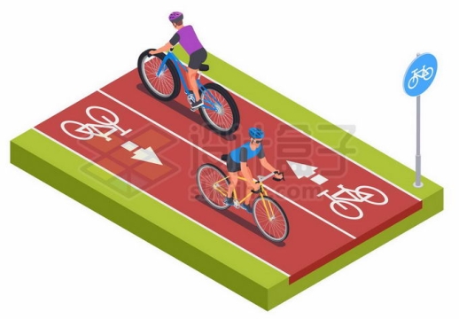 2.5D风格专用自行车道和上面骑车的人1119212矢量图片免抠素材