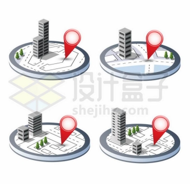 4款2.5D风格圆盘上的城市建筑和导航标志4133072矢量图片免抠素材免费下载