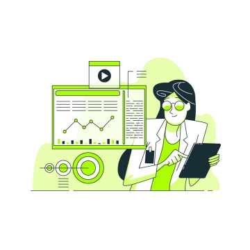 绿色扁平插画风格正在平板上浏览金融数据的商务女士职场配图图片免抠素材