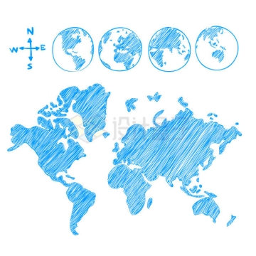 蓝色圆珠笔画风格水绘世界地图9562505矢量图片免抠素材