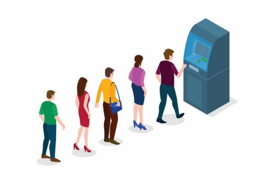 2.5D风格排队到银行ATM机上取款的人群png图片免抠矢量素材