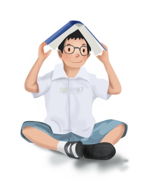 彩绘风格卡通白衬衫男孩用书本放在头顶png图片免抠素材