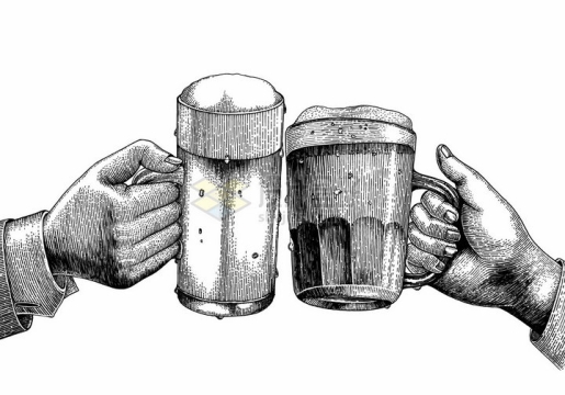 干杯两只手拿着啤酒杯手绘素描插画png图片免抠矢量素材