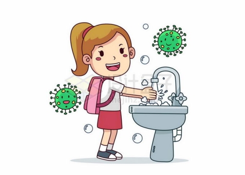 卡通女孩正在洗手池勤洗手远离病毒3984328矢量图片免抠素材