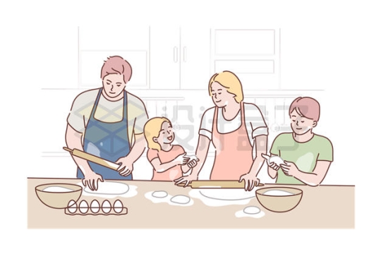 一家人一家四口正在包饺子做饭插画8710624矢量图片免抠素材