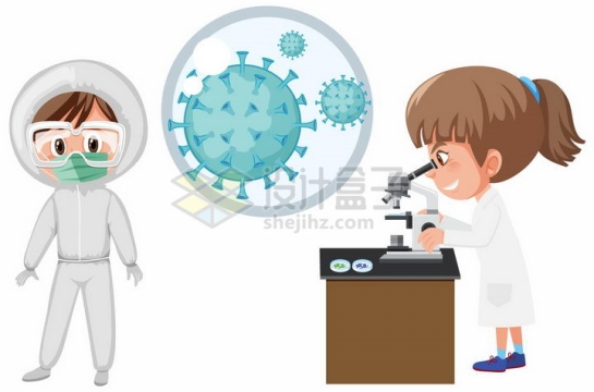 卡通女医生正在研究引发肺炎的新型冠状病毒png图片免抠矢量素材
