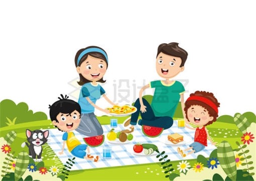 一家人一家四口坐在草坪上吃野餐春天郊游踏青插画7643755矢量图片免抠素材