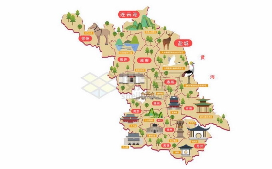 江苏省旅游地图知名景点分布8857461矢量图片免抠素材