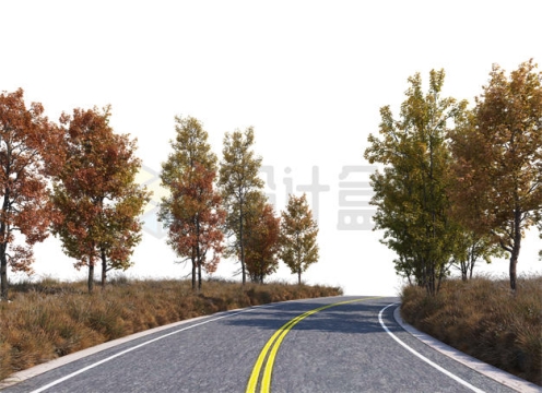 秋天公路道路马路两旁的草地和大树风景3058000PSD免抠图片素材