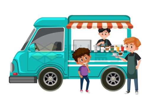 卡通绿色餐饮车美食车和购物的顾客1300158矢量图片免抠素材