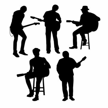 5款正在弹吉他演奏乐器的音乐乐手人物剪影png图片免抠矢量素材