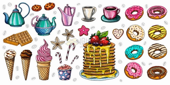 水壶咖啡杯华夫饼甜筒甜甜圈蜂蜜蛋糕等美食彩绘插画png图片免抠矢量素材