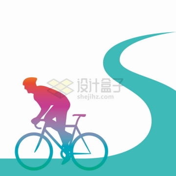 在弯曲的道路上骑自行车的运动员彩色剪影png图片素材