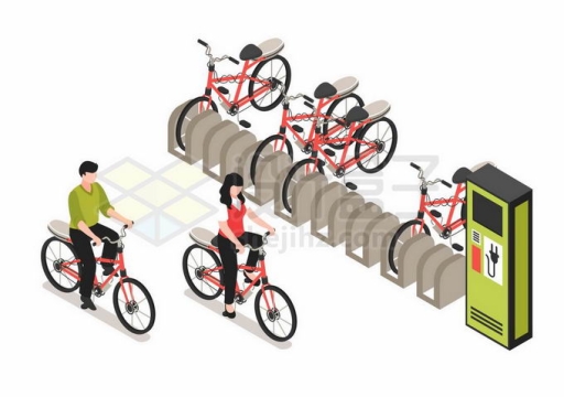 2.5D风格停车点上的共享单车和骑自行车的人4042190矢量图片免抠素材