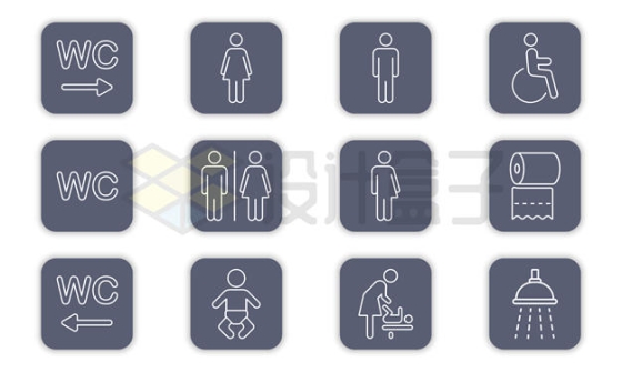 12款细线条风格男女公共厕所卫生间标志牌3520609矢量图片免抠素材