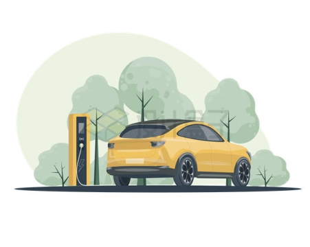 黄色的电动汽车新能源汽车正在充电中6041605矢量图片免抠素材