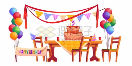放在桌上的卡通生日蛋糕和彩带气球装饰生日宴会现场383228图片免抠矢量素材