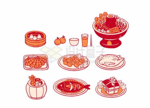 红色插画风格火锅食材鲜虾肉丸烧鸡红烧鱼东坡肉等美味美食3874889矢量图片免抠素材