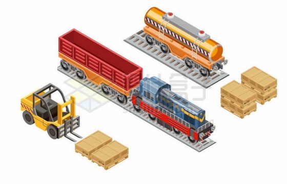 2.5D风格货运列车油罐火车叉车和货物4683335矢量图片免抠素材