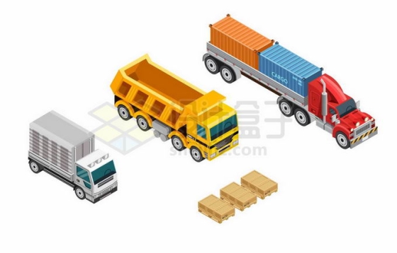 2.5D风格箱式小货车渣土车和集装箱卡车9717677矢量图片免抠素材