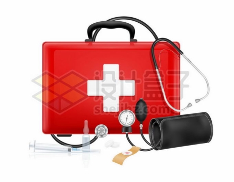 一个红色的医疗箱治疗箱听诊器和机械式血压计8324807矢量图片免抠素材免费下载