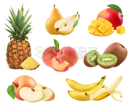 切开的菠萝梨子芒果桃子猕猴桃苹果香蕉等美味水果1304448矢量图片免抠素材