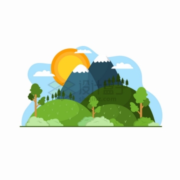高山森林和落日风景扁平插画png图片素材