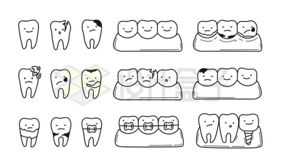 各种牙齿蛀牙龋齿坏牙线条插画6906300矢量图片免抠素材