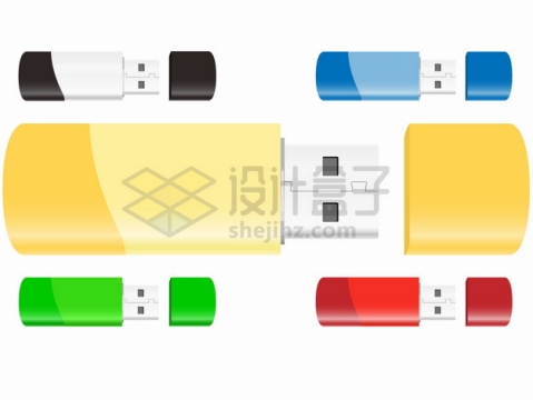 5种颜色的U盘数据存储设备png图片素材