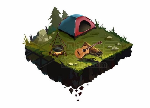 3D悬浮岛上的野营帐篷和篝火风景9728110矢量图片免抠素材