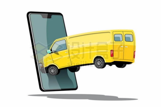 黄色面包车冲进手机屏幕中象征了货拉拉等同城货运服务1086516矢量图片免抠素材