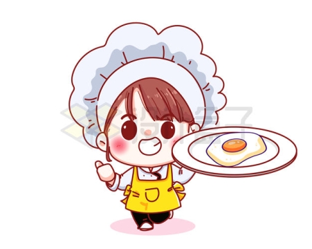 卡通美女小厨师端着盘子展示自己做的煎蛋9198373矢量图片免抠素材