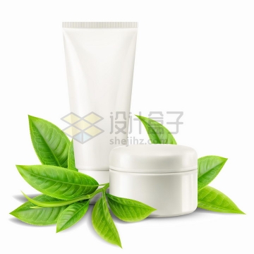  Green tea, mint leaves and blank packaging cosmetics, png pictures, matt free vector materials