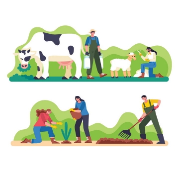 2款扁平插画风格挤牛奶剪羊毛耕田的农民农夫图片免抠矢量素材