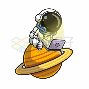 卡通宇航员坐在木星上玩笔记本电脑7671054矢量图片免抠素材