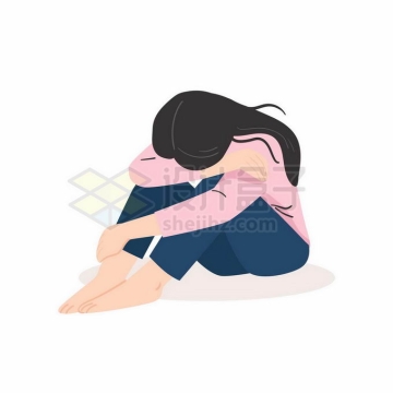 卡通女孩抱膝坐在地上埋头痛苦伤心插画1079375矢量图片免抠素材