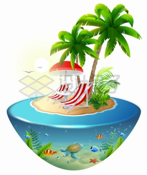 悬空岛风格热带海岛上的椰树躺椅和海水里的海龟珊瑚礁鱼类png图片免抠矢量素材